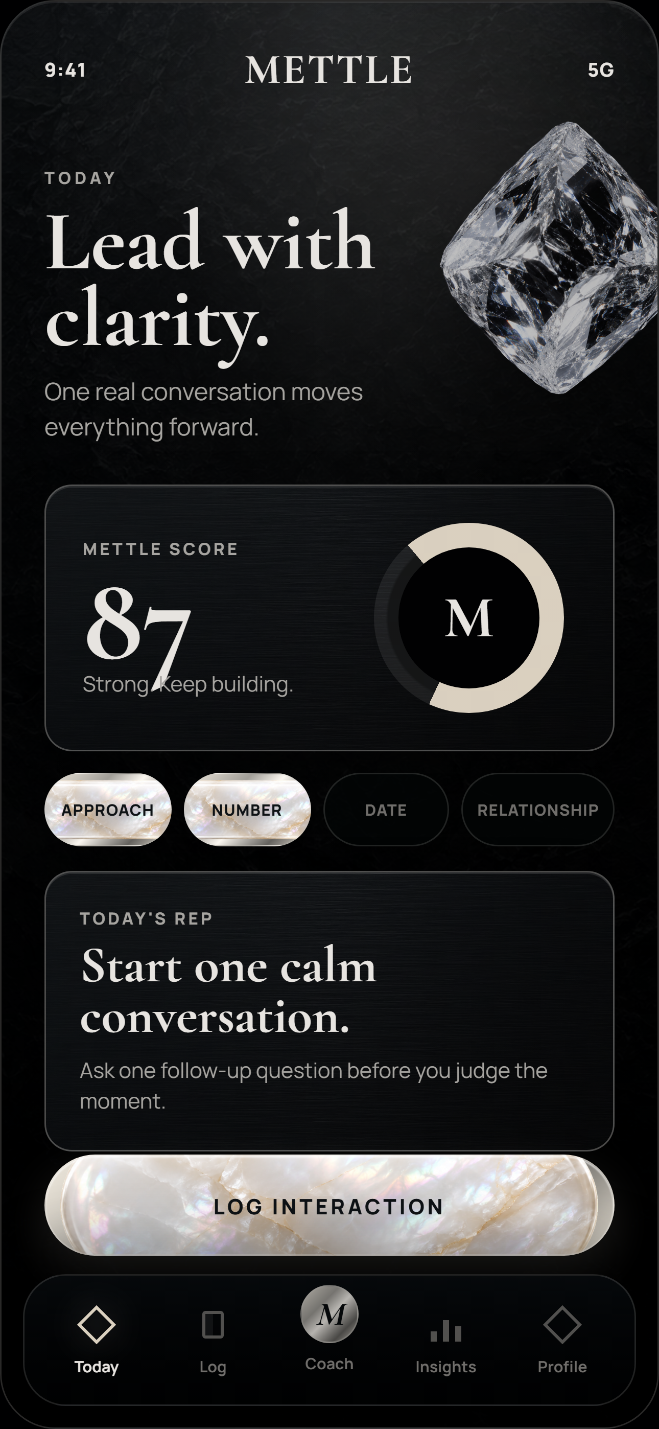 Mettle Today dashboard showing the score, current stage, and log interaction action