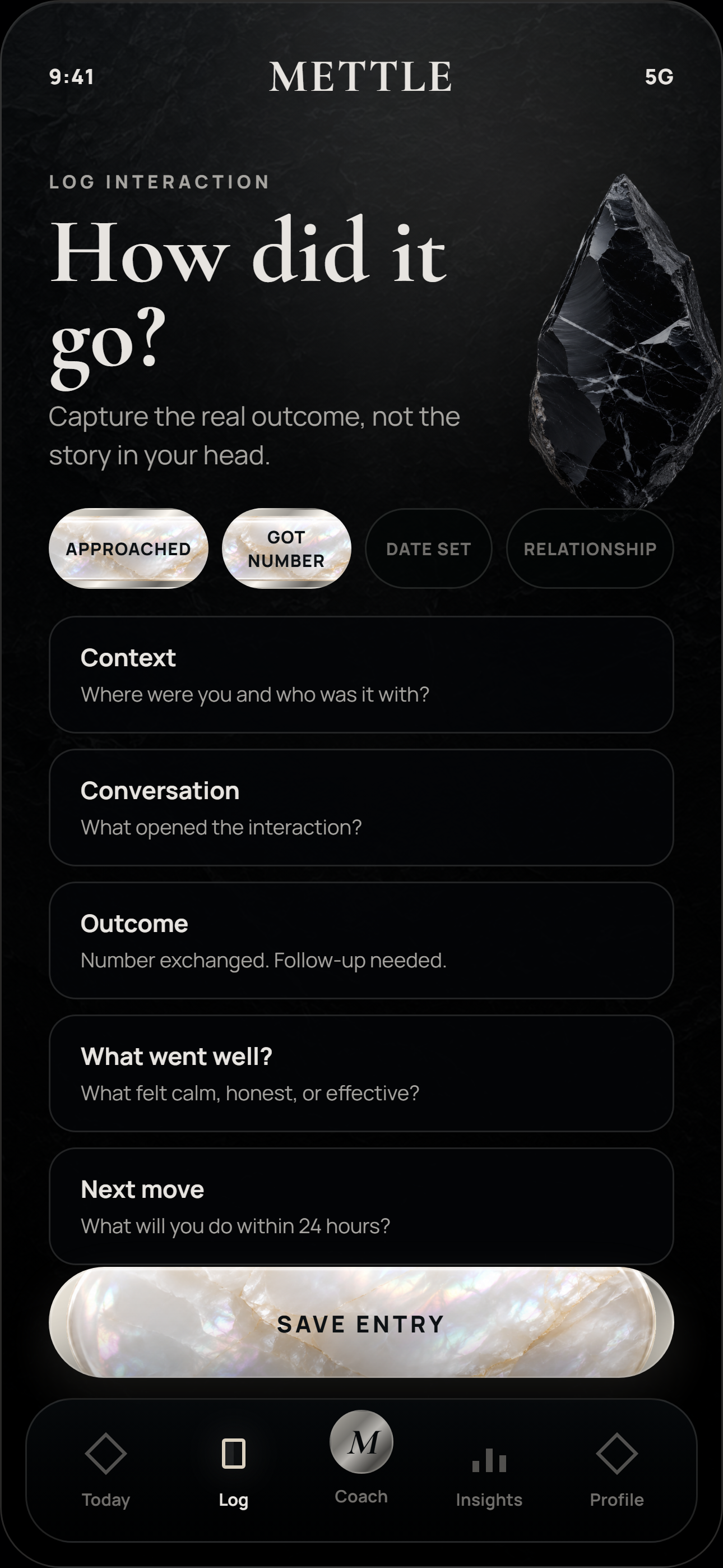 Mettle log interaction screen with approached, got number, date, and relationship stages