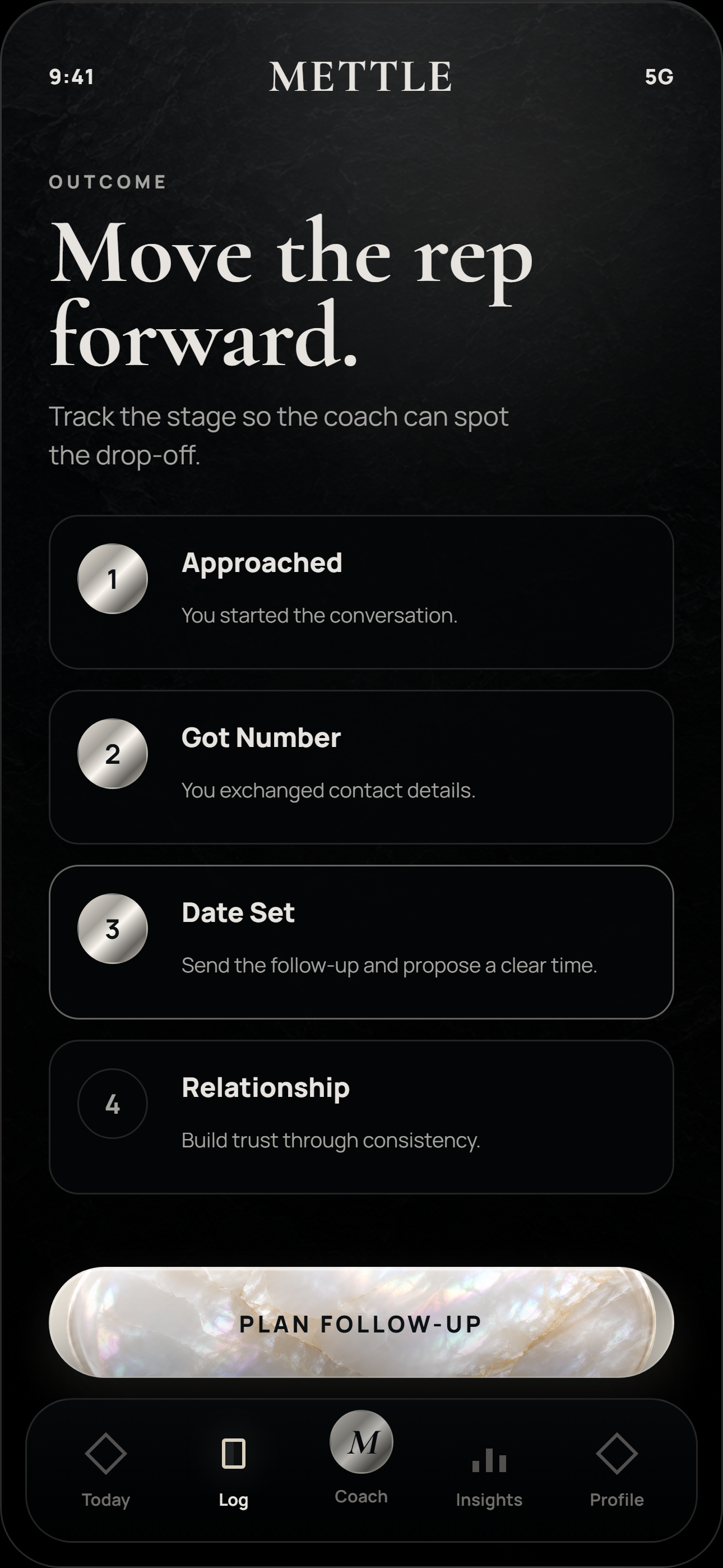 Mettle outcome screen showing approached, got number, date set, and relationship stages