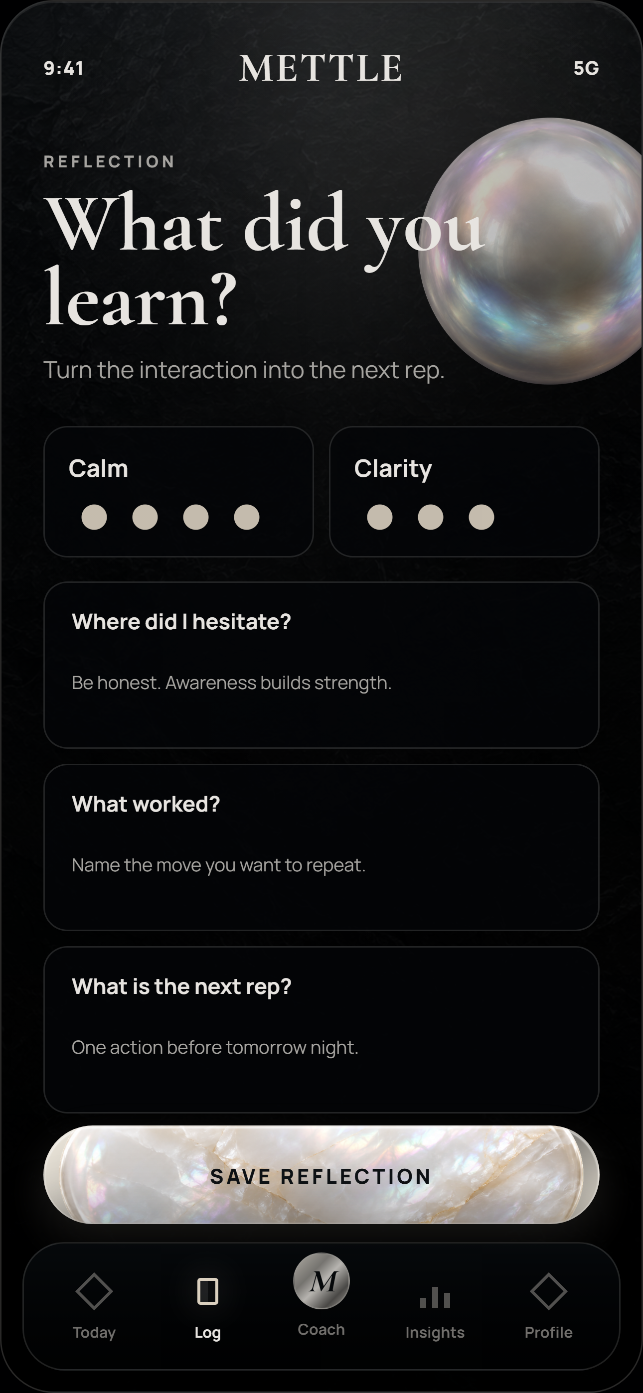 Mettle reflection screen for turning a real-world interaction into the next rep