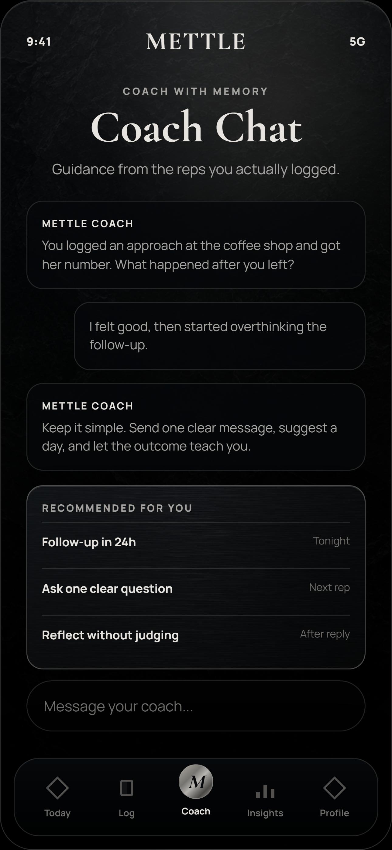 Mettle coach chat remembering an approach and number exchange