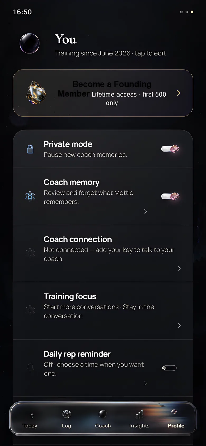 Mettle profile screen with private mode and editable coach memory controls